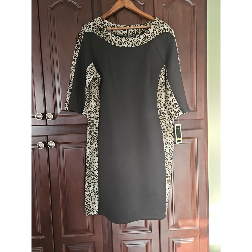 Taylor 3/4 Sleeve Gray Leopard Print Knee Length Midi Dress Size 18W Silhouette